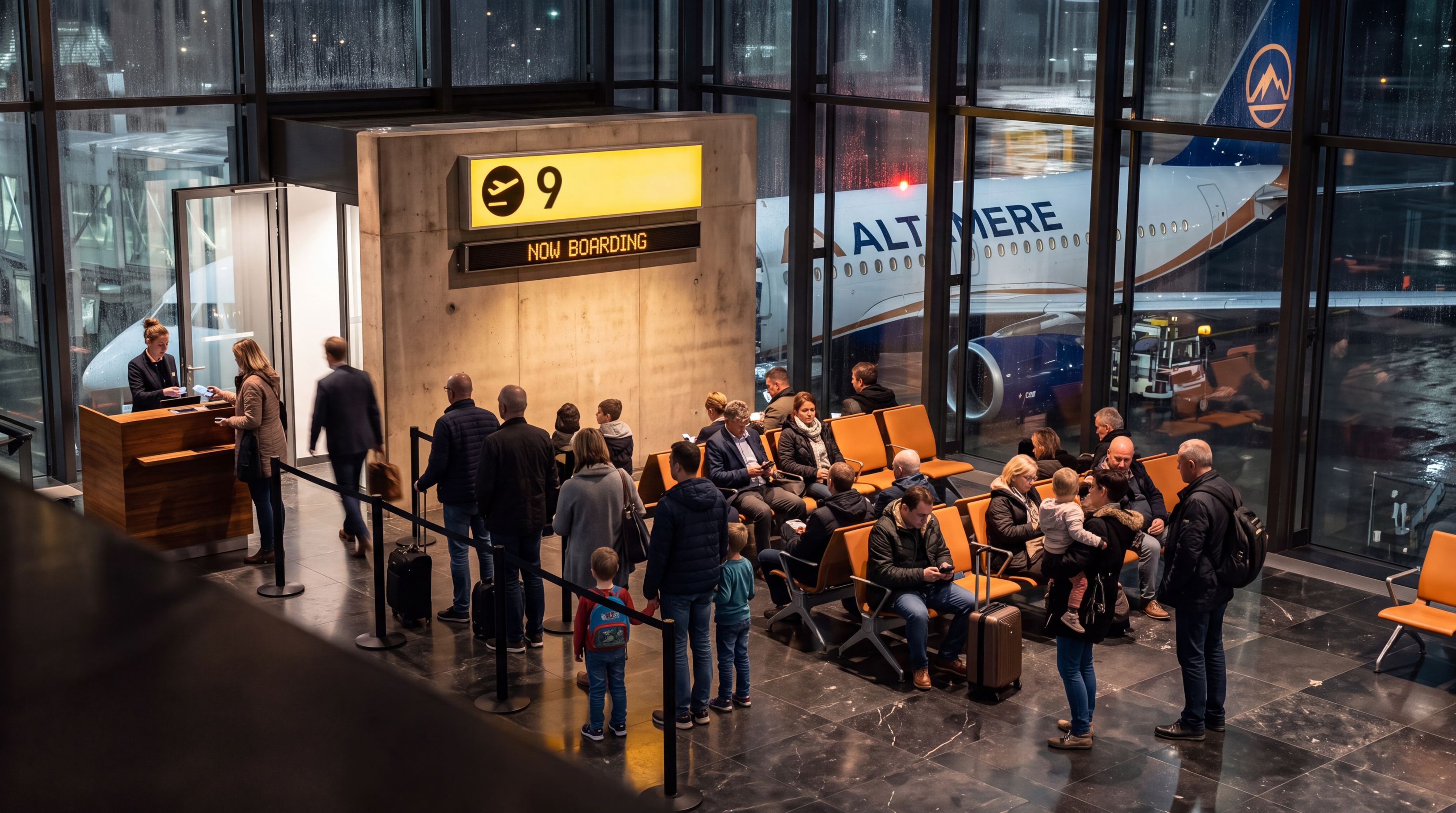 A gate lounge at night, rain on the glass. A yellow gate sign reading 15 glows above the words NOW BOARDING while a gate agent checks a boarding pass and a family waits to board.